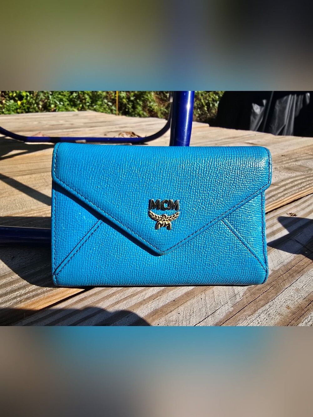 MCM Turquoise Blue Envelope Wallet with Gold Logo